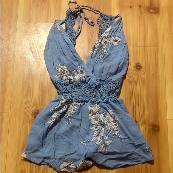 Adam Levine Collection Pants - Floral Blue Romper with Lace Details